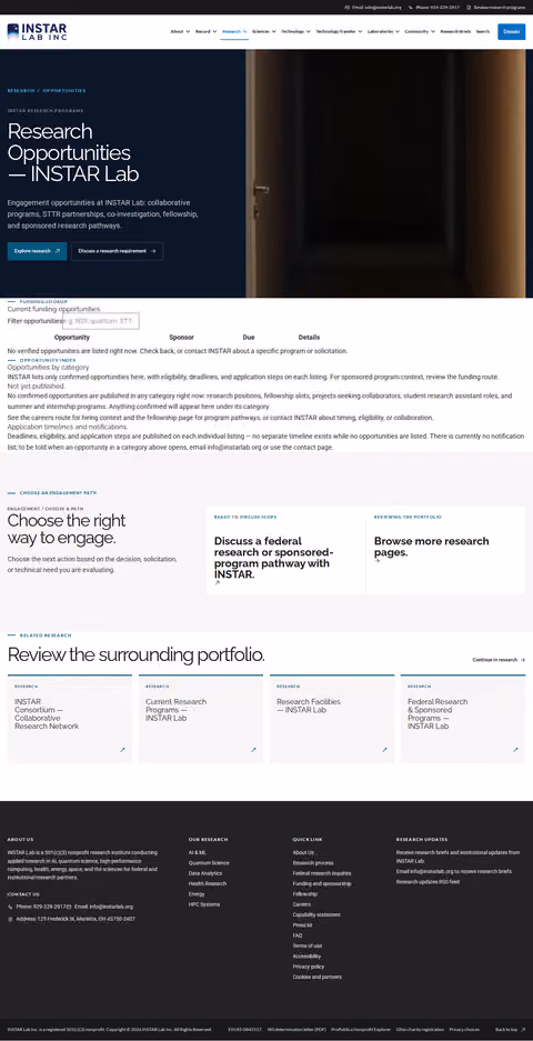 Screenshot thumbnail of Research Opportunities — INSTAR Lab (/research/opportunities/) at desktop viewport