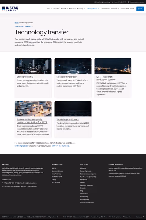 Screenshot thumbnail of Technology Transfer — INSTAR Lab (/tech-transfer/) at desktop viewport