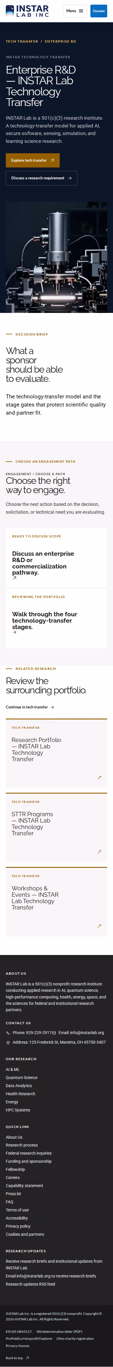 Screenshot thumbnail of Enterprise R&D — INSTAR Lab Technology Transfer (/tech-transfer/enterprise-rd/) at mobile viewport