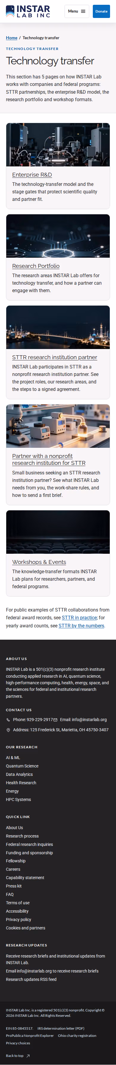 Screenshot thumbnail of Technology Transfer — INSTAR Lab (/tech-transfer/) at mobile viewport