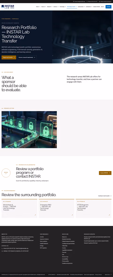 Screenshot thumbnail of Research Portfolio — INSTAR Lab Technology Transfer (/tech-transfer/portfolio/) at desktop viewport
