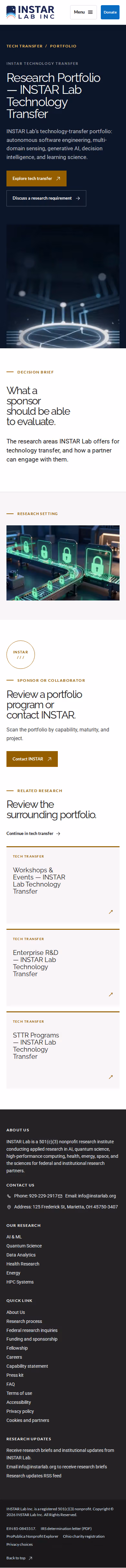 Screenshot thumbnail of Research Portfolio — INSTAR Lab Technology Transfer (/tech-transfer/portfolio/) at mobile viewport