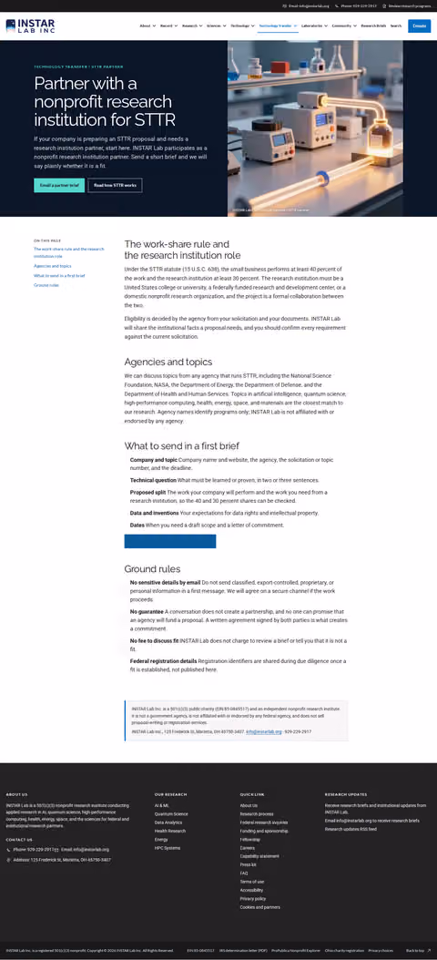 Screenshot thumbnail of Partner With a Nonprofit Research Institution for STTR — INSTAR Lab (/tech-transfer/sttr-partner/) at desktop viewport