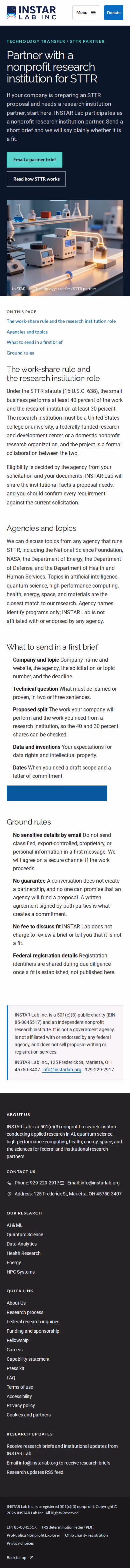 Screenshot thumbnail of Partner With a Nonprofit Research Institution for STTR — INSTAR Lab (/tech-transfer/sttr-partner/) at mobile viewport