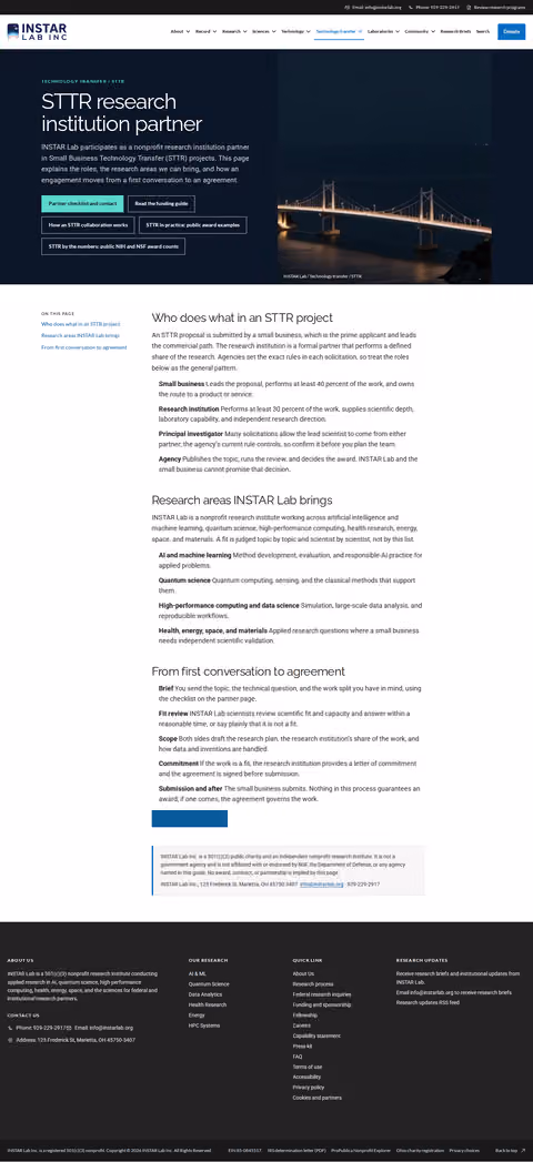 Screenshot thumbnail of STTR Research Institution Partner — INSTAR Lab Technology Transfer (/tech-transfer/sttr-programs/) at desktop viewport