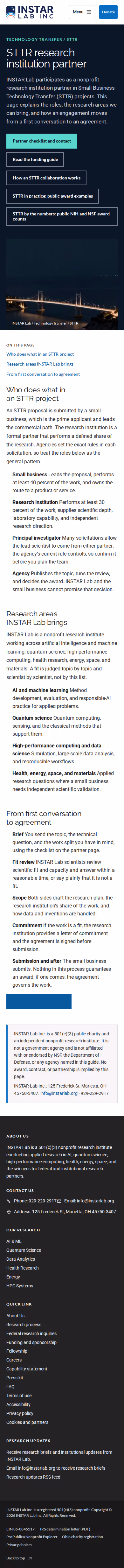 Screenshot thumbnail of STTR Research Institution Partner — INSTAR Lab Technology Transfer (/tech-transfer/sttr-programs/) at mobile viewport