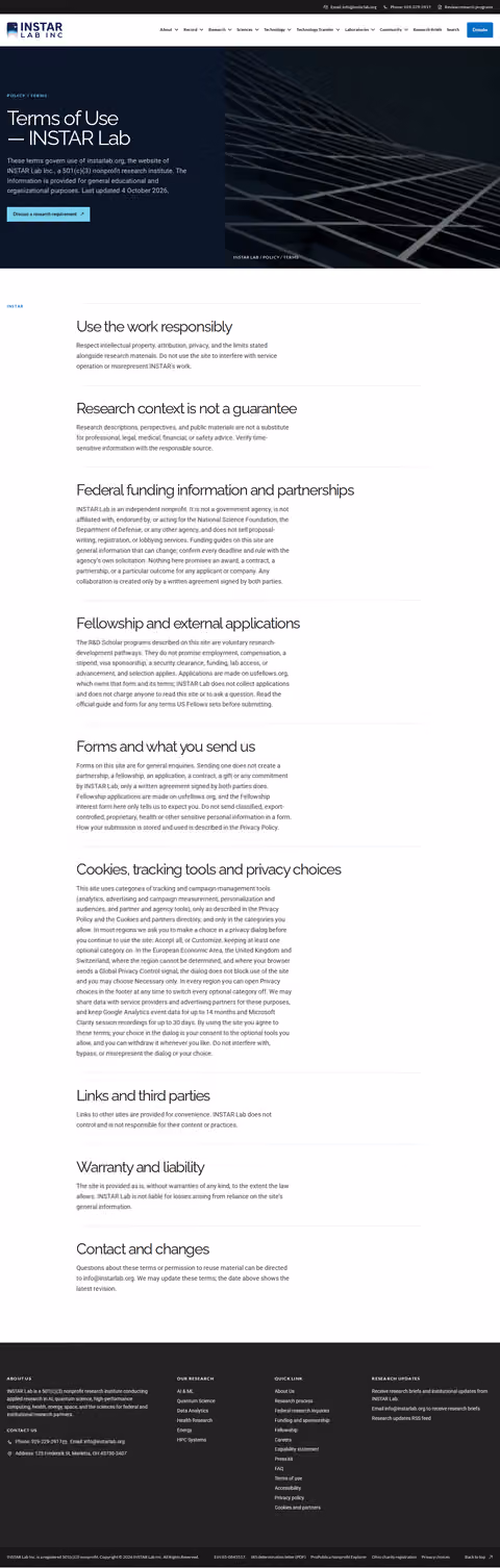 Screenshot thumbnail of Terms of Use — INSTAR Lab (/terms/) at desktop viewport
