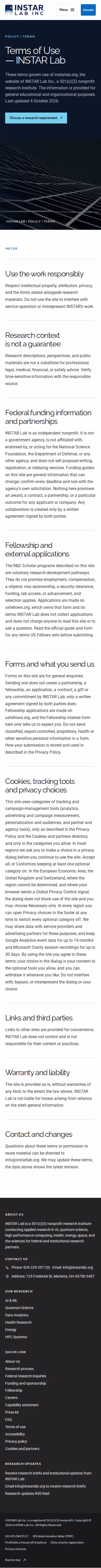 Screenshot thumbnail of Terms of Use — INSTAR Lab (/terms/) at mobile viewport